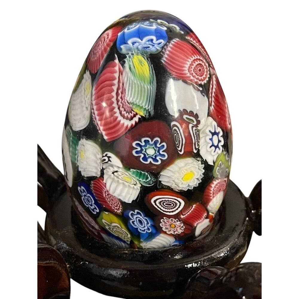 Millefiori Murano Cane Art Blown Glass Paper Weight Egg Shape & Stand